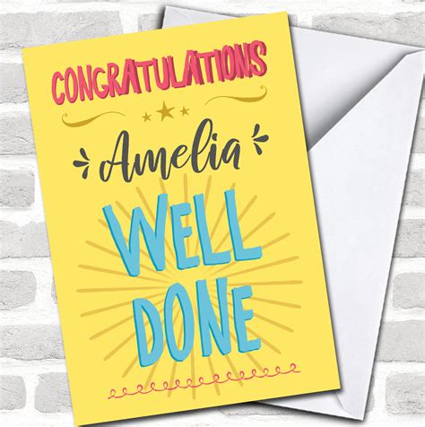 Congratulations Well Done Text Name Yellow Blue Personalized Card Red