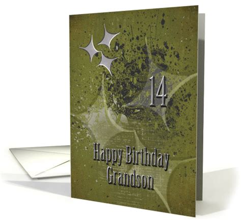 Happy 14th Birthday Grandson Masculine Grunge Stars Card 1472830