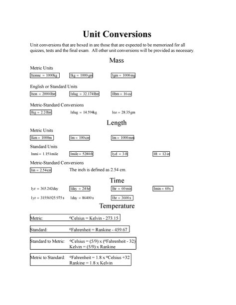 Unit Conversions Unit Conversion Sheet Used For Thermodynamics And