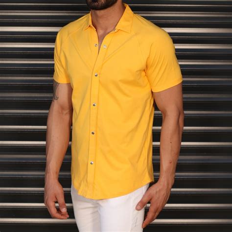 Mens Button Short Sleeve Muscle Fit Shirt In Yellow