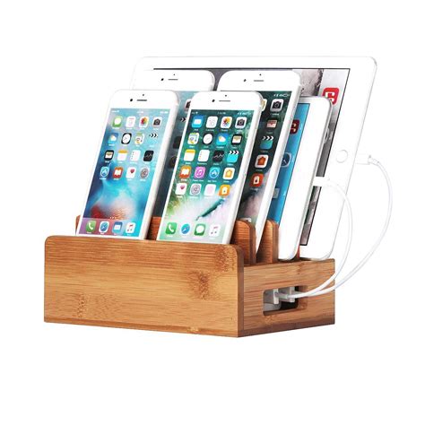Bamboo Charging Station For Multiple Devices Docking Stand Storage Box