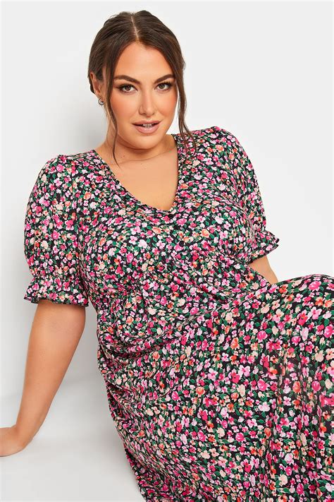 Limited Collection Plus Size Black Floral Frill Sleeve Midaxi Dress