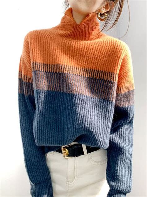 Casual Loose Long Sleeves Striped High Neck Sweater Tops In 2022