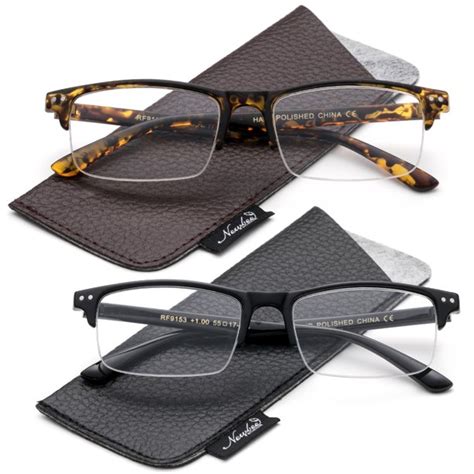 2 Packs Wide Frame Reading Glasses Semi Half Frame Stylish Fashion