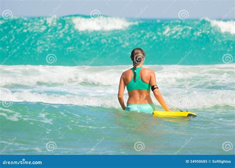 Surfer Girl Body Surfing Beach Woman Laughing Having Fun Stock Image Image Of Boogieboard