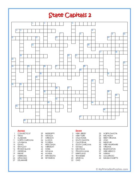 State Capitals 2 Crossword Puzzle My Printable Puzzles
