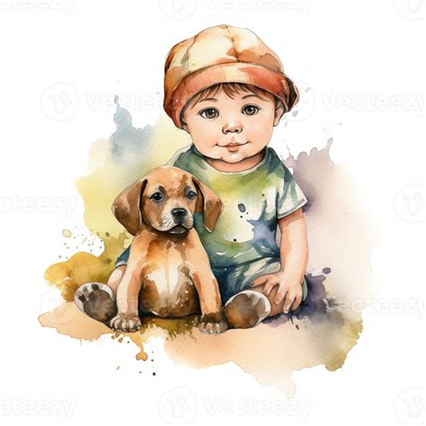 Watercolor Cute Baby Boy And Dog Sublimation Png Design Generative Ai