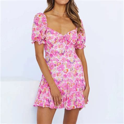 Forido Floral Print Boho Pink Dress For Women 2022 Summer Ruffles Short Mini Beach Dress Cute