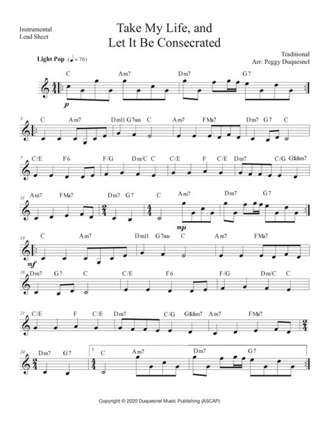 Take My Life And Let It Be Instrumental Lead Sheet Key Of C Db Sheet Music Traditional