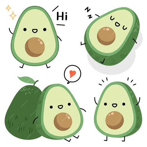 Premium Vector Cute Happy Avocado Cartoon Illustration Set In Kawaii