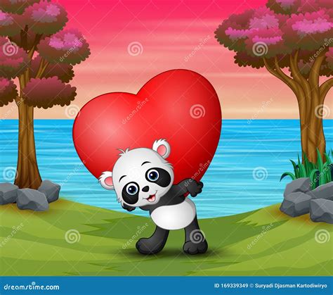 Valentine Day With A Panda Hold Red Heart Stock Vector Illustration