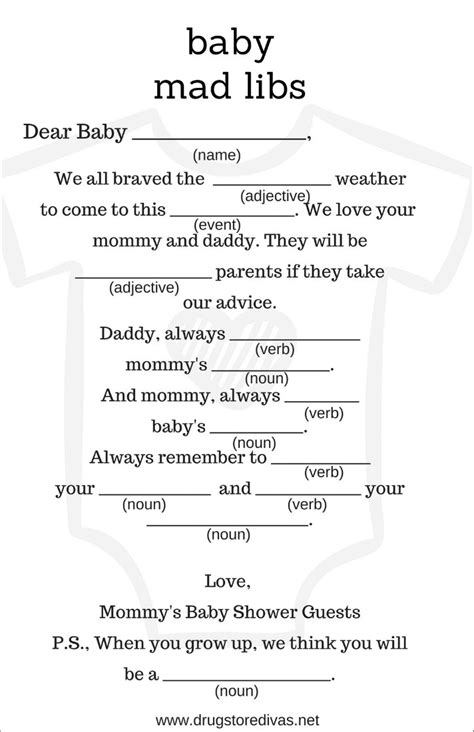 They are short, silly stories based on your words. DIY Baby Shower Mad Libs (with free printables) - Drugstore Divas