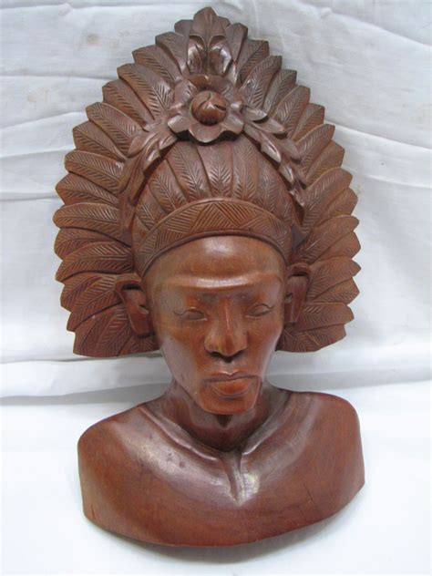 Signed Bali Balinese Wooden Carved Native Figure Statue Sculpture Bust