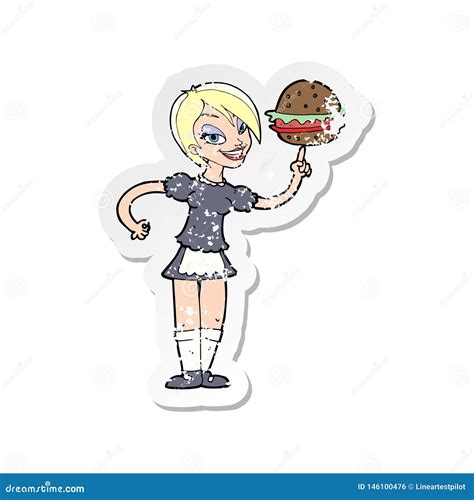 Retro Distressed Sticker Of A Cartoon Waitress Serving A Burger Stock Vector Illustration Of