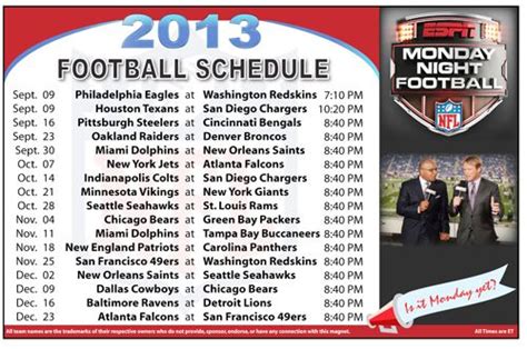 2013 Nfl Grid Schedule Image 2013 Espn Monday Night Football