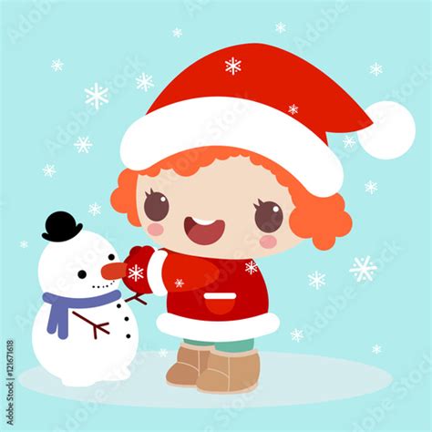 Little Cute Girl Making Snowman In The Park Snow Winter Postcard