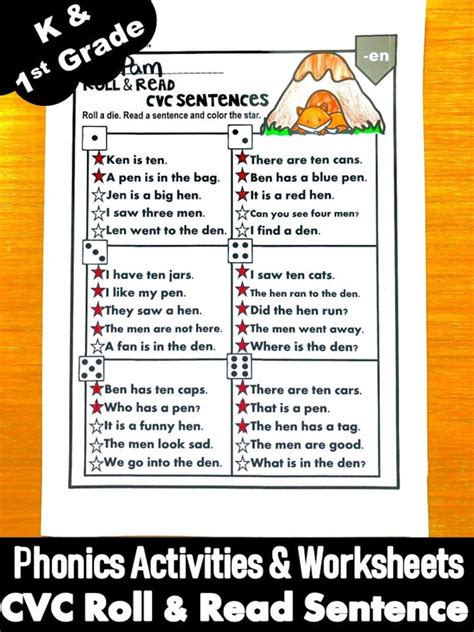 Phonics Worksheets Cvc Short Vowels Roll And Read Sentences Kindergarten