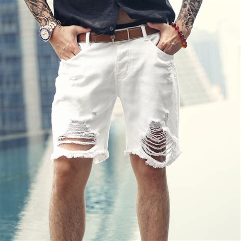 2018 Men New Summer White Ripped Holes Denim Shorts Jeans Men European
