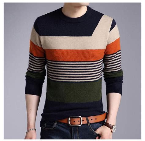 Mink Cashmere Wool Pullover Striped O Neck Mens Casual Outfits Spring