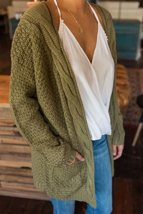 To Love Somebody Olive Green Cable Knit Cardigan Green Cardigan