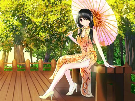 wallpaper leaves anime girls date a live park umbrella cleavage heterochromia chinese