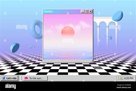 Vaporwave Abstract Background With Os Window With Sunrise And Interface