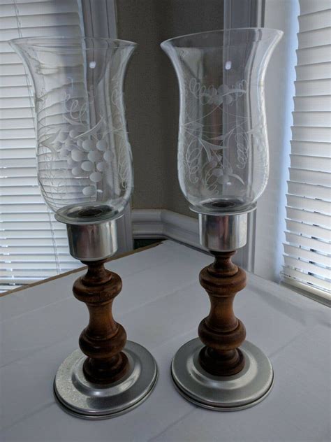 2 Vintage Fancy Grape Etched Glass Hurricane Candle Lamp Shade Globes