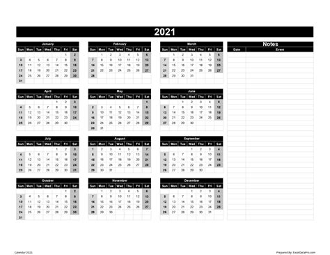 2021 Excel Calendar 2021 Calendar Printable 12 Months All In One