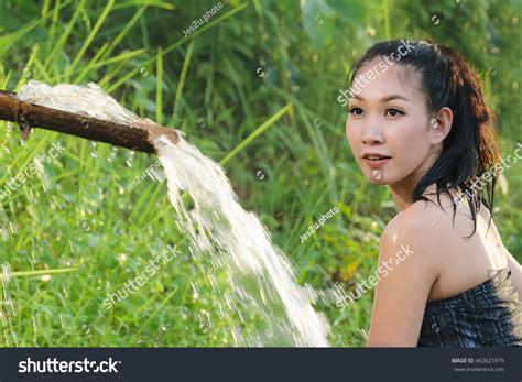 Sexy Asian Woman Bathing Cascade Countryside Stock Photo