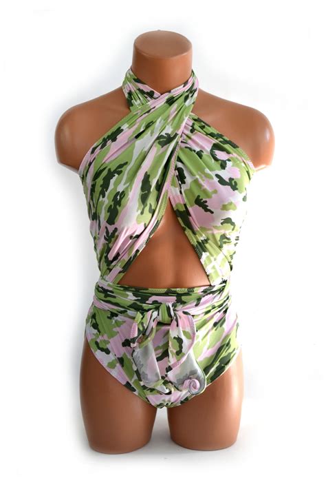 Large Bathing Suit Wrap Around Swimsuit Pink And Mint Camouflage Women Hisopal Art~swimwear
