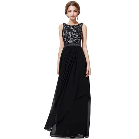 Elegant Fashion Long Evening Dresses With O Neck Lace Black Chiffon