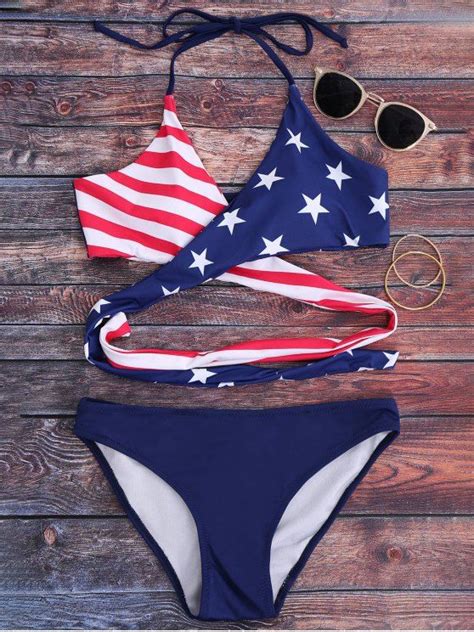 Striped Patriotic American Flag Wrap Bikini Set Blue Wrap Bikini Set Wrap Bikini American