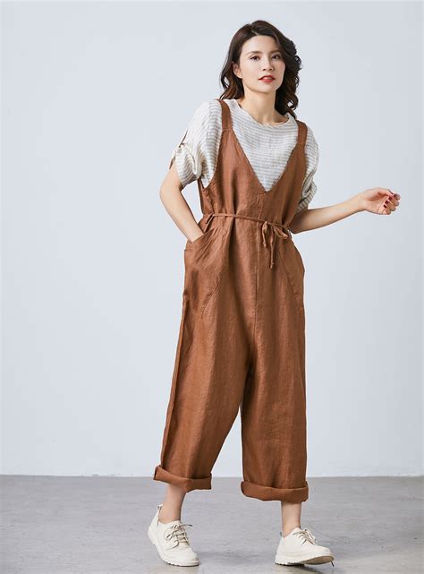 Baggy Brown Summer Linen Harem Overalls Women Oversized Etsy