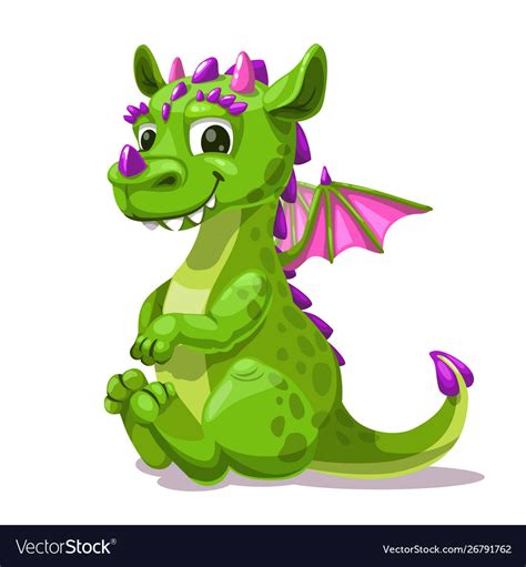 Little Cute Cartoon Sitting Green Dragon Fantasy Vector Image