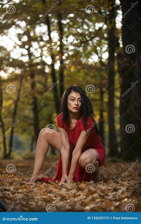 Beautiful Dark Haired Woman Wearing A Long Red Dress Posing In The