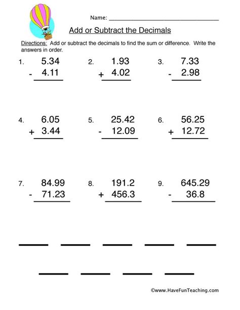 Adding Subtracting And Multiplying Decimals Worksheet