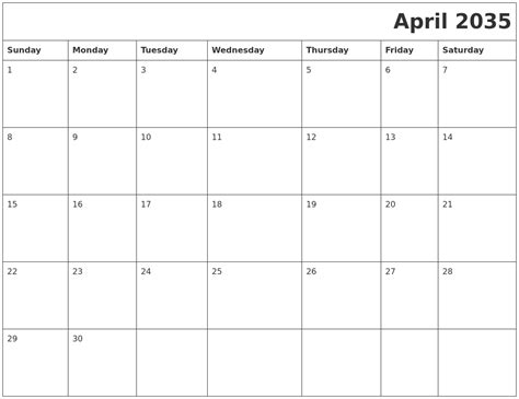 April 2035 Download Calendar