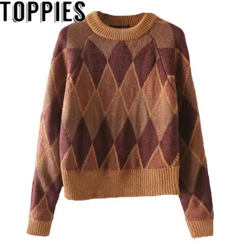 Buy Autumn And Winter Women Geometric Jacquard Knitting Sweater O Neck Retro