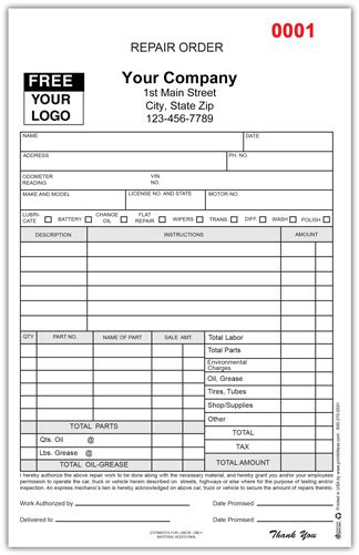 Auto Repair Order Forms Automotive Repair Order Forms Vehicle Repair Form
