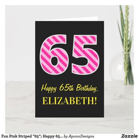 Fun Pink Striped 65 Happy 65th Birthday Name Card