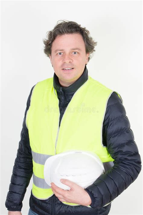 Portrait Of Handsome Man Construction Worker With Hard Security Helmet