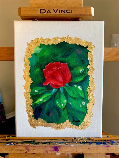 Red Rose In Gold Leaf Original Oil Painting Etsy Uk