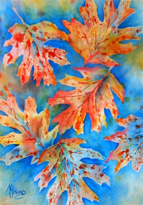 Watercolor Painting Of Autumn Leaves On Blue Background