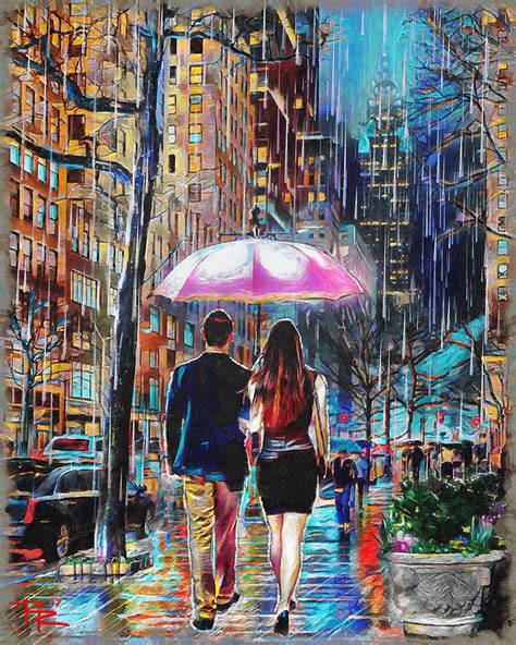 Rainy Day Painting New York Rain Romantic Couple Walking Umbrella In