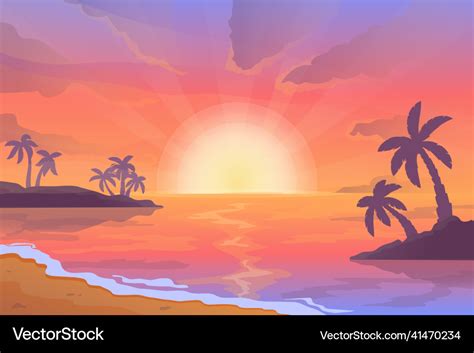 Sunset Beach Landscape Cartoon Scene With Sunrise Vector Image