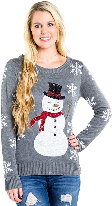 Womens Sequin Snowman Christmas Sweater Gray Snowflake Embellished