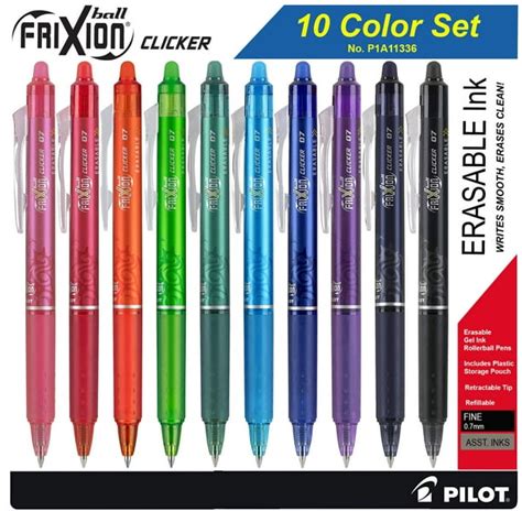 Pilot Frixion Clicker 07 11336 Retractable Erasable Gel Ink Pens 10