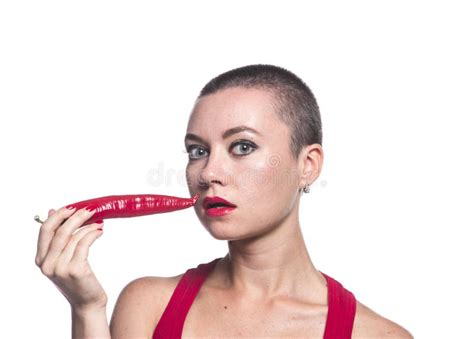 Beautiful Caucasian Topless Woman With Chili Pepper In Mouth Stock
