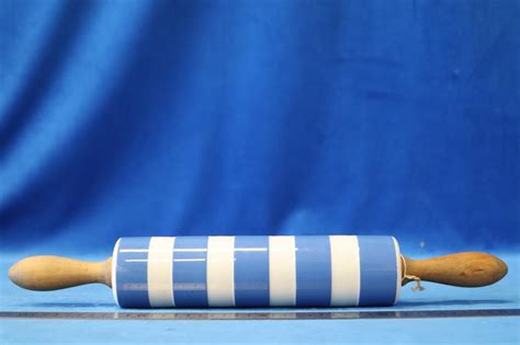 Lot Blue And White Striped Ceramic Rolling Pin Tg Green Wooden Ends
