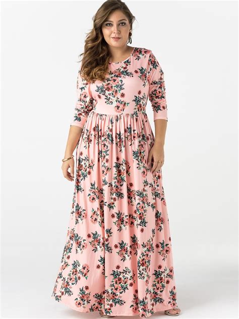 Plus Size Pink Floral Print Long Sleeves Maxi Dress Maxi Dress With